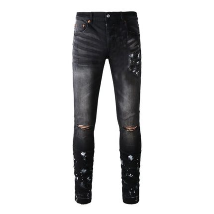 High Street Men's Jeans American Distressed Dark Black Coated Blank Stretch Skinny Button Fly Ripped Pants Trousers
