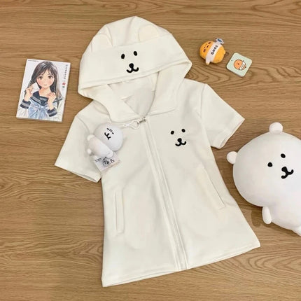 Deeptown Japanese Style Kawaii Hoodies Women Cartoon Lolita Short Sleeve Sweatshirt Cutecore Oversize Casual Zipper Cardigan