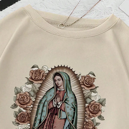 Women's Sweatshirts Women's Floral Virgin Mary Print Round Neck Autumn Sweatshirt Hoodie Vintage Essential Women Sweatshirt 2024