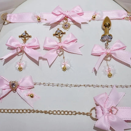 New Pink Bow Nipple Clips Heart-Shaped Gemstone Collar Leash Set with Body Chain Sexy Accessories Anal Plug with Tail Sex Toys