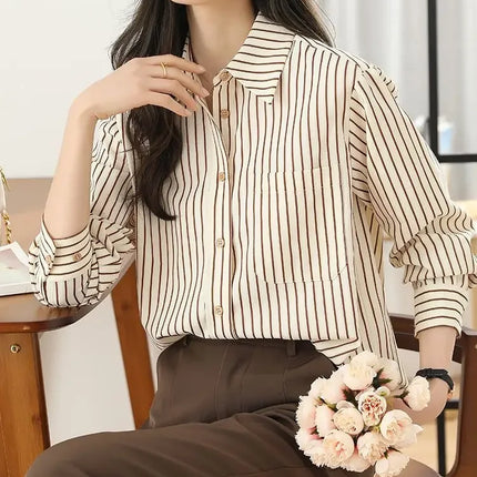 Women's Striped Shirt Casual Long Sleeve Fashion Outerwear Korean Style Spring Autumn New Arrival Elegant French Feel Top