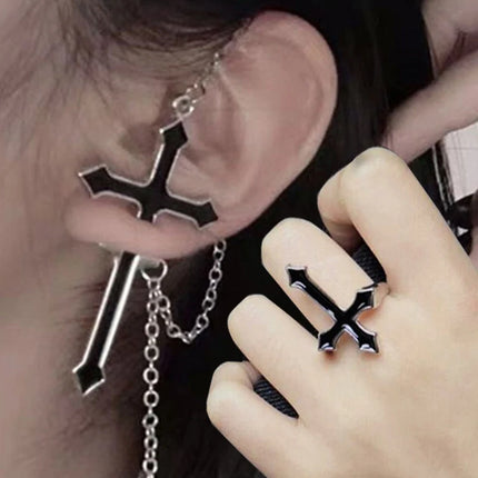 Vintage Black Big Cross Paired Tassel Earrings For Women Party Jewelry Punk Trendy Gothic Metal Ring Earring Gifts