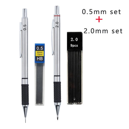 Metal Mechanical Pencil Set with Pencil Grip, Leads Art Drawing Student Office Supplies 0.5/0.7/0.9/2.0mm Automatic Pencil