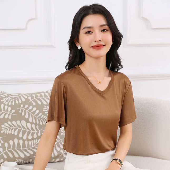 2026 Summer New Women's T-shirt V-neck Knitted Women's Short Sleeve High end Acetate Fiber White Fashion Women's Top
