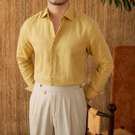 Mr. Lu San Men's White 100% Linen Italian-Style Eight-Collar Long-Sleeved Casual Shirt Breathable Light Luxury for Commuting