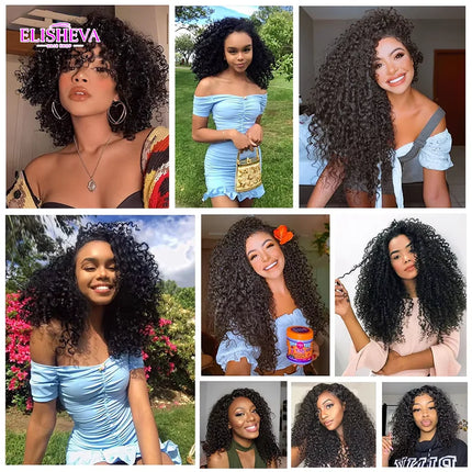 ELISHEVA Raw Indian  Human Hair Weave Bundles 1/3/4 Bundle Deal Afro Kinky Curly Bundles Natural /Jet Black Remy Wavy Extensions