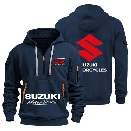 Suzuki Men's Autumn/Winter Hoodie High-Quality Outdoor Motorcycle Sweatshirt with Half-Zip Design And Multiple Pockets