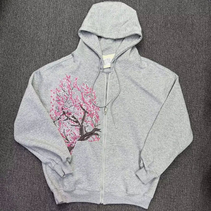 Personality Retro Trend Zipper Casual Hoodies Flower Tree Pattern Street Style Women Harajuku Goth Embroidery Y2k Relaxed Coat