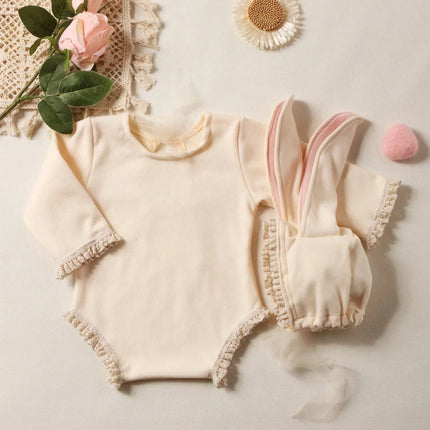 Ylsteed Newborn Outfits for Photo Shooting Long Sleeve Baby Bodysuit with Big Rabbit Ears Hat Infant Photography Clothes