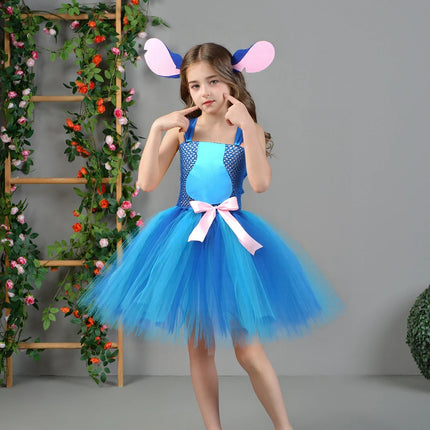 Stitch Cosplay Costume Baby Girls Alien Cartoon Animal Fancy Tutu Dress Kids Halloween Carnival Party Outfit with Ears Hairbow
