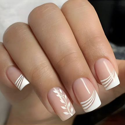 24Pcs Simple Square Head Fake Nail with nude design White Gradient French Press on False Nails Short Full Cover Nail Tips