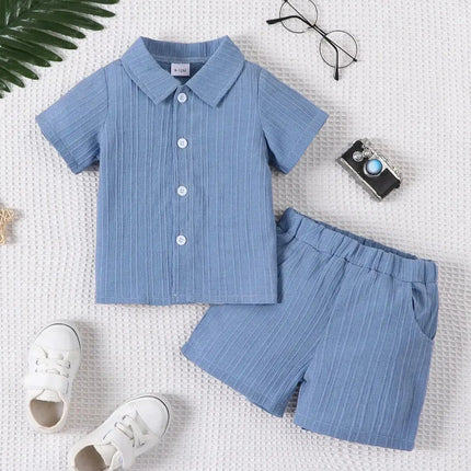 2-piece baby boy fashion casual woven jacquard fabric short sleeved shirt top and shorts set