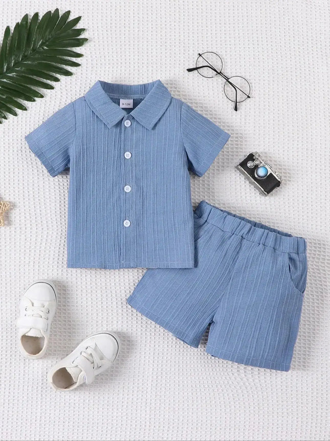 2-piece baby boy fashion casual woven jacquard fabric short-sleeved shirt top and shorts set