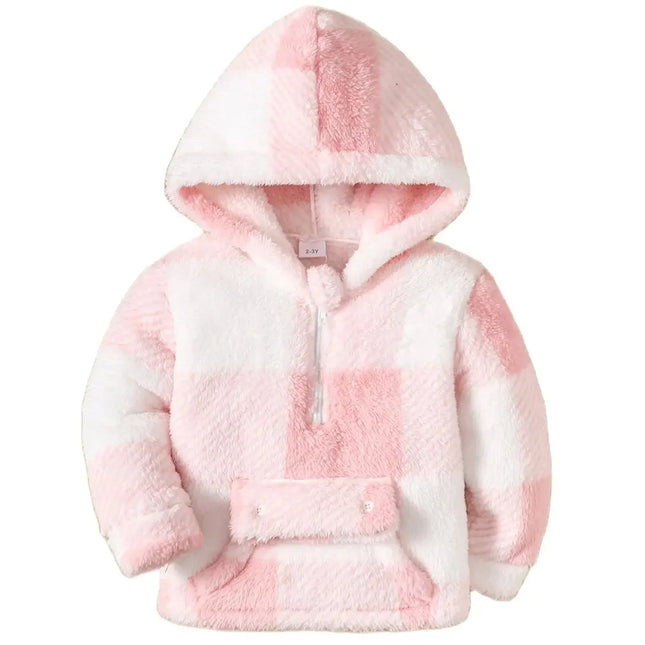 Little Girl Long Sleeved Hooded Sweater Cute Pink Plaid Jacket Plush Plush Thickened Fashion Clothes for Children Girl 2-8 Years
