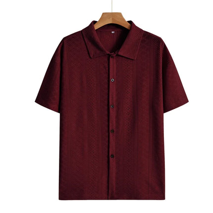 Men's Vacation Casual Style Knitted Geometric Striped Crochet Textured Jacquard Loose Short-Sleeve Shirt Hawaiian Beach Shirts