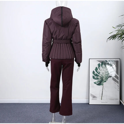Women Peplum Ski Jackets Hooded Stand Collar Belt Waist Zipper Solid Puffer Jacket Fashion Sheath Warm Sport Winter 2025 Skiwear