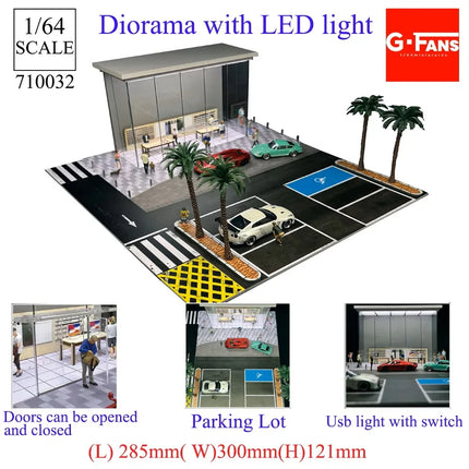1:64 Scale Miniatures Building Scene Car Parking Lot Model Lighting Version Car Garage Diorama Models Simulation Collection Gift