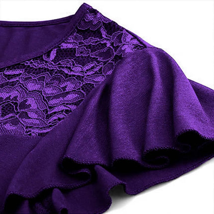 Plus Size Casual Purple Lace Stitching Pleated Ruffle Sleeve Blouse