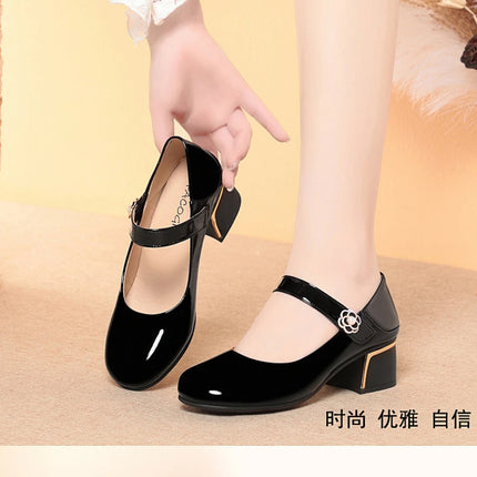 Women's Leather Shoes New Style Dancing Shoes Leongyue Mother Shoes Soft Sole Thick Heel Women's Shoes One-Button Single Shoes