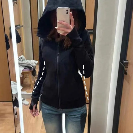 Slim Fit Pure Color Cotton Hoodie Jaet Women's Spring Autumn Zipper Cardigan Waist Cinching Sweatirt Korean Sle Top