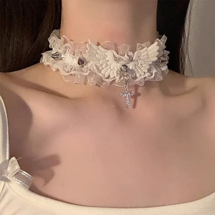 Sexy Black White Lace Lolita Choker Goth Crystal Cross Pendant Angel Wings Rivet Necklace for Women Charm Party Jewelry Gift