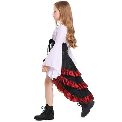 Kid Pirate Retro Cosplay Irregular Ruffled Skirt Girl High Waist Dress Children Halloween Carnival Party Performance Costume Set