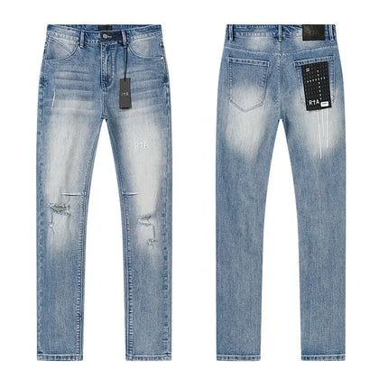 RTA Brand Men's Slim Fit Paint Graffiti Damaged Destroyed Hole Skinny Denim long Trouser Jeans Pants Streetwear