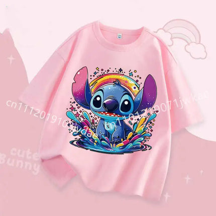 2026 Fashion Casual Round Neck T-Shirt for Boys and Girls Daily Tops Stitch Kids T Shirt Cute Cartoon Print Short-Sleeved