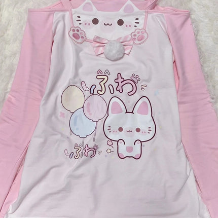 Cute  Print Halter Neck Long Sleeve T-Shirt Fake Two-Piece Shoulder Bared Style Sweet Japanese Aesthetic Slim Fit for Girls