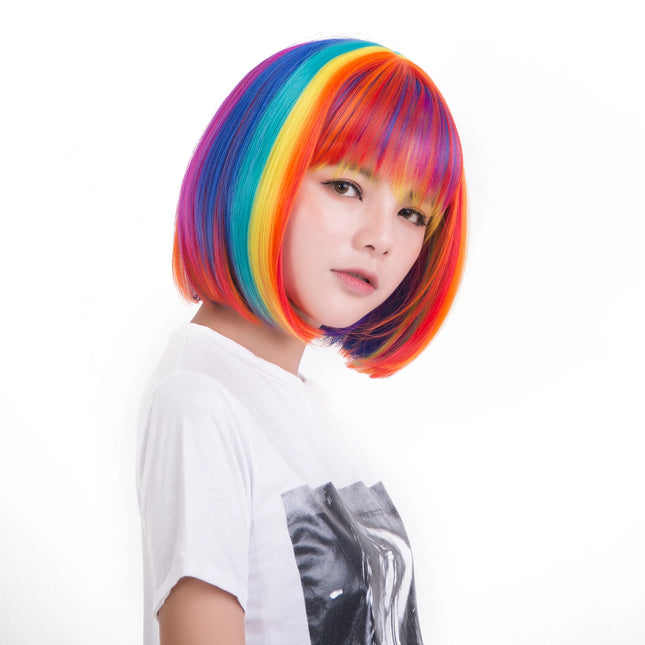 Anxin Brand Synthetic Fiber Wig: Rainbow Gradient Bangs Bob Short Hair Style, with Smooth and Shiny Hair Strands, Eye-Catching Color-Blocking Design; Made from High-Quality Synthetic Fiber Material, Comfortable to Wear and Ea