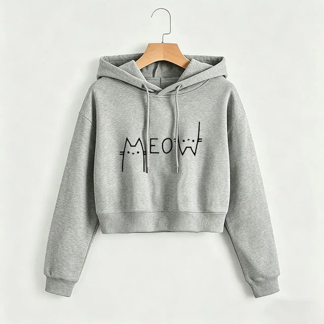 Funny Meow Cat Cropped Sweatshirt Crop Top Hoodie Y2k Sweatshirts Gothic Casual Style Clothes kawaii girls hoodies