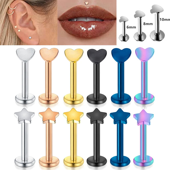1PC Steel Inernally Thread Labret Stud Rings Piercing Star Heart Shape Ear Cartilage Tragus Orelha Stud Helix Piercing Jewelry