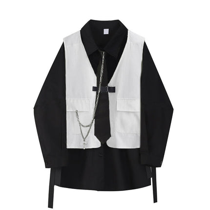 Men Women Gothic Shirt Suit Korean Loose Long-sleeved Blouse Functional Workwear Suit Vest Two-piece Set 2023 Spring Autumn Top