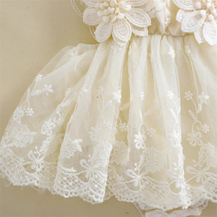 0-24 Months Baby Girl Romper Dress Outfit Flower Embroidery Tie-Up Mesh Bodysuits Bow Headband 2 Piece Summer Set