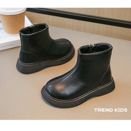 Children Fashion Boots Simple Girls Ankle Boot Black Kids Short Leather Boots Side Zipper Thick Bottom Autumn Winter 2024 New