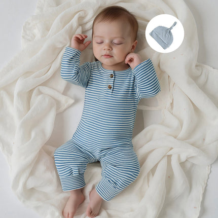 Infant Baby Fall Clothes Romper Stripe Print Long Sleeve Round Neck Full Length Jumpsuit with Hat 2 Pcs Set 0-9m