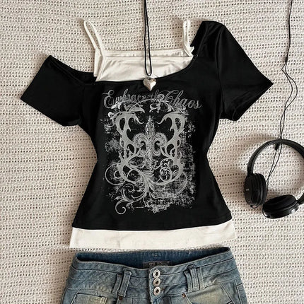 Women's 90s Vintage Punk T-Shirt Summer Streetwear Sexy Short Sleeve Gothic Slim Crop Top Hotgirl Casual Women's Tee Harajuku Y2k
