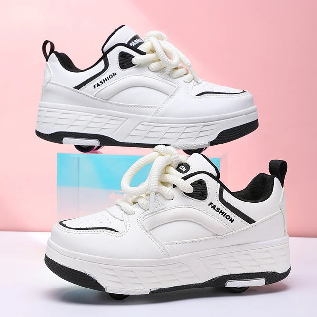 Children Roller Skating Shoes Four Wheel Wear Resistant Fashion Leather Breathe Sports Entertainment Wheel Shoes for Kids