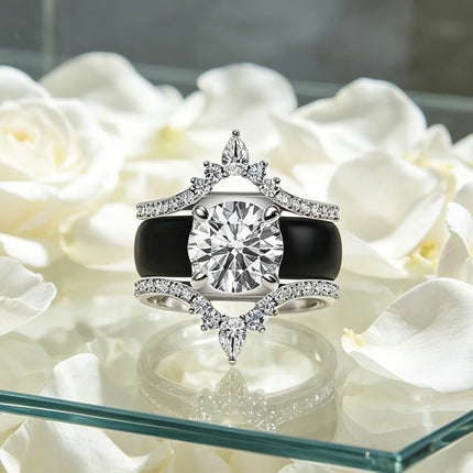 3pcs Pear Shaped Diamond Simulant Crown Ring Black Silicone Stackable Bridal Engagement Wedding Band Set for Her