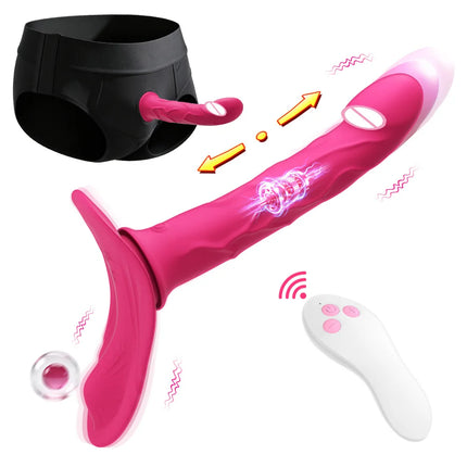 Strap-On Thrusting Vibrator Dildo Adjustable Elastic Waist Strapless Dildos Lesbian Sex Toys G Spot Wearable Vibrators for Women
