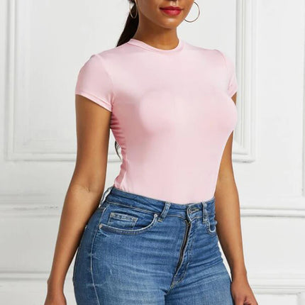 Sexy One Piece Bodycon Bodysuit Short Sleeve O Neck Open Basic White Black Red Overalls Women Body Top Skinny Rompers Female