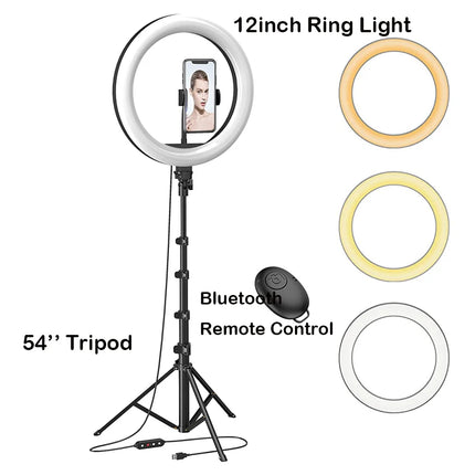 12" Selfie Ring Light with Aluminum Tripod Stand,Bluetooth Remote, for Video,Photos,Make Up,3 Color Mode Controller,USB Powered