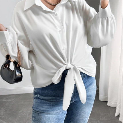 Large Size Ladies Pure Color Shirt with Butterfly Knot Collar Simple Daily Match Sunscreen Long Sleeve Shirt