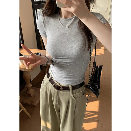 Basic Solid Crop Top Short Sleeve Crewneck Skinny T-shirt Summer Casual Tee for Women y2k Vintage Top Harajuku Streetwear