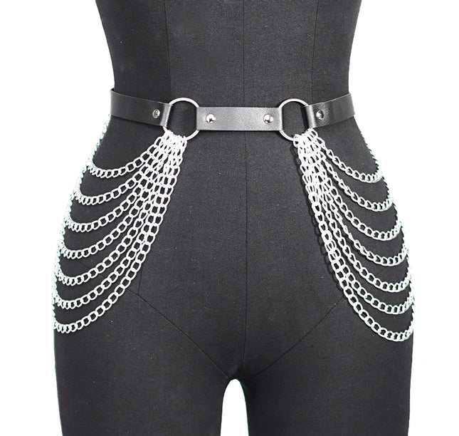Sexy Women Bondage Lingerie Fashion PU Leather with Chain Harness Belt Adjustable BDSM Goth Festival Carnival Costume Decorative