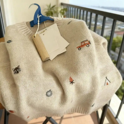 Korean Style Children's Sweater Cartoon Embroidery Knitted Sweater Autumn Winter Girls Versatile Pullover Tops Bottoming Shirt