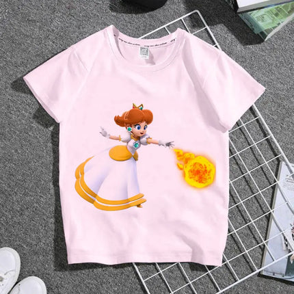 2026 New Cartoon Mario Princess Children's Clothing T-Shirt - Summer Boys and Girls Short-Sleeved Pink Family Set Student Shirt