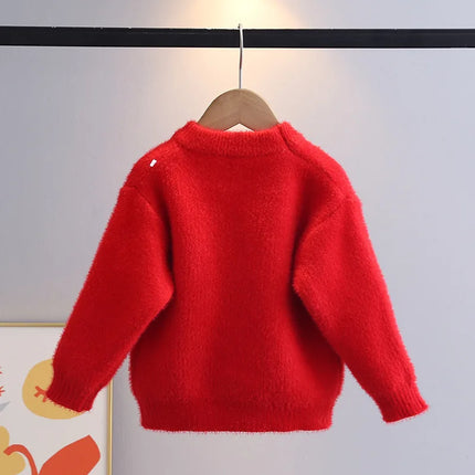 Red Chinese Dragon Sweater for Girls Traditional Tassel Design Fluffy Flocking Knitted Clothes New Warm Little Girl Tops GY12161