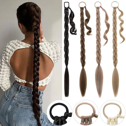 Snoilite Synthetic Long Twist Braid Ponytail Extensions With Rubber Band 34" Boxing Braided Hair Extensions For Women Daily Use