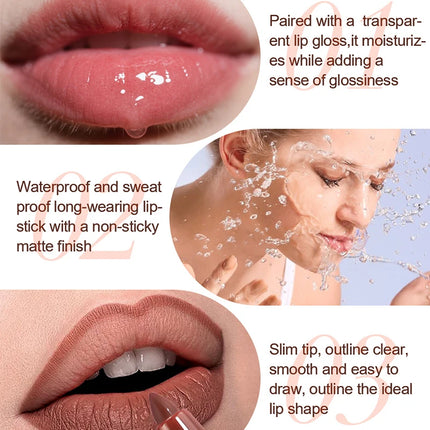 Matte Lip Gloss & Lipliner Pen Set Makeup Women Gift 24h Long-lasting Waterproof Non Stick Cup Mirror Lipstick Sexy Lips Makeup